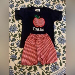 Monogrammed “Isaac “ Navy Apple T-Shirt and Red Gingham Shorts Set